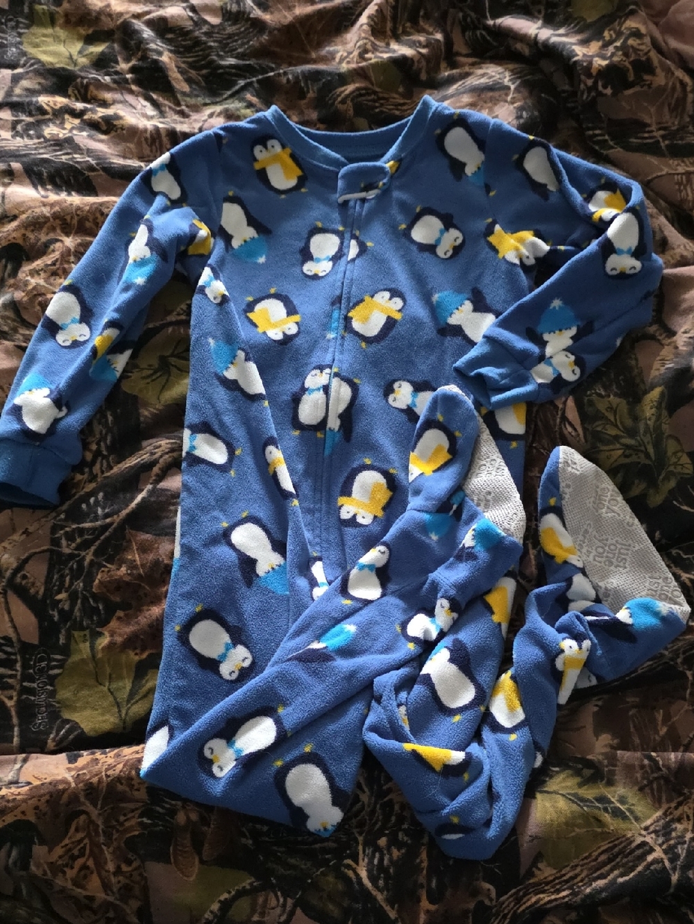 Carter's Blue Penguin Fleece Footed Pajamas with Yellow Accents